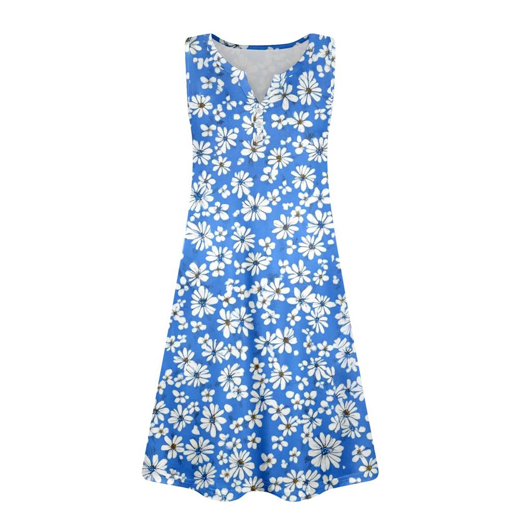 Женские летние платья Свободные сарафаны без рукавов с V-образным вырезом Платье с карманами