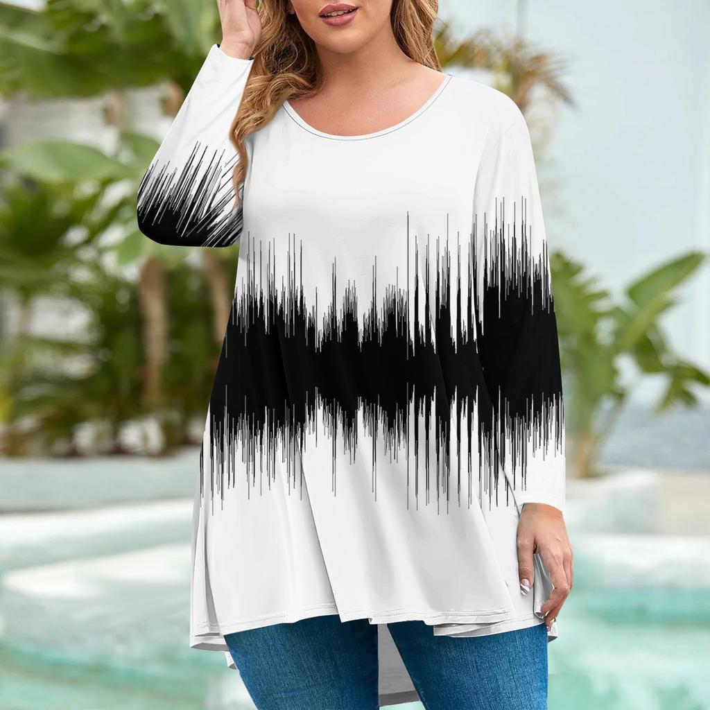 Women's Fashion Large Size Round Neck Long Sleeve Casual Print Loose Pullover Top