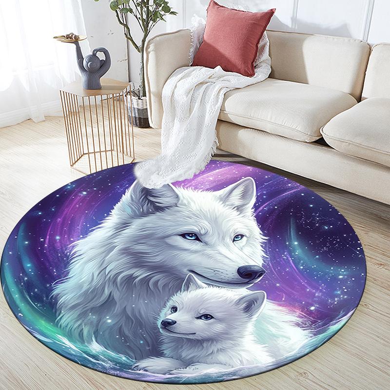 White Wolves Round Area Rug,Carpet Rug for Living Room Bedroom Sofa Playroom Decor,Non-slip Floor Mat