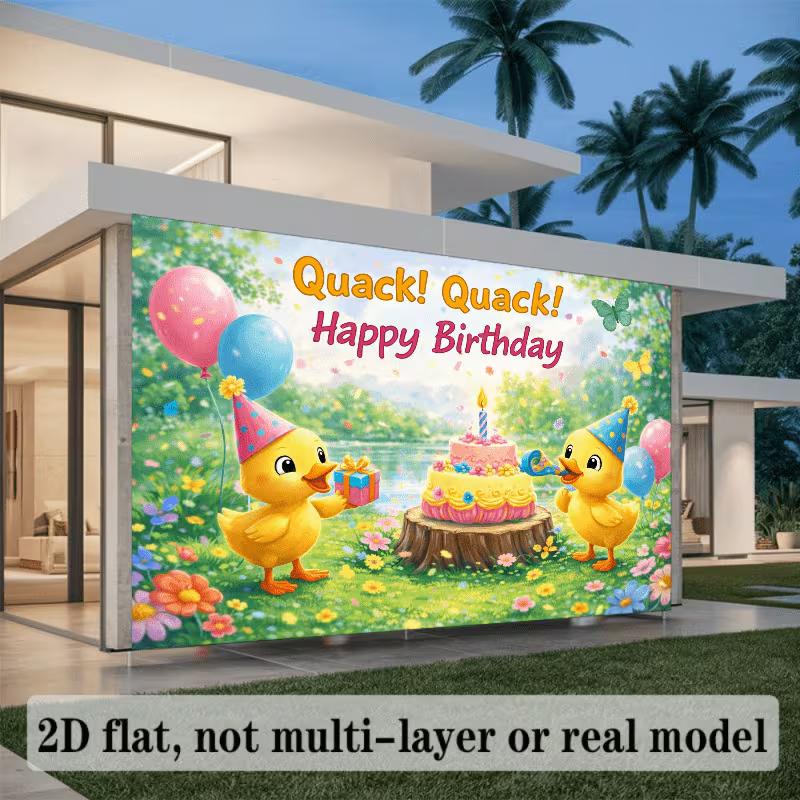 2D Cartoon Duck Cake & Gift Spring Garden Birthday Photography Background