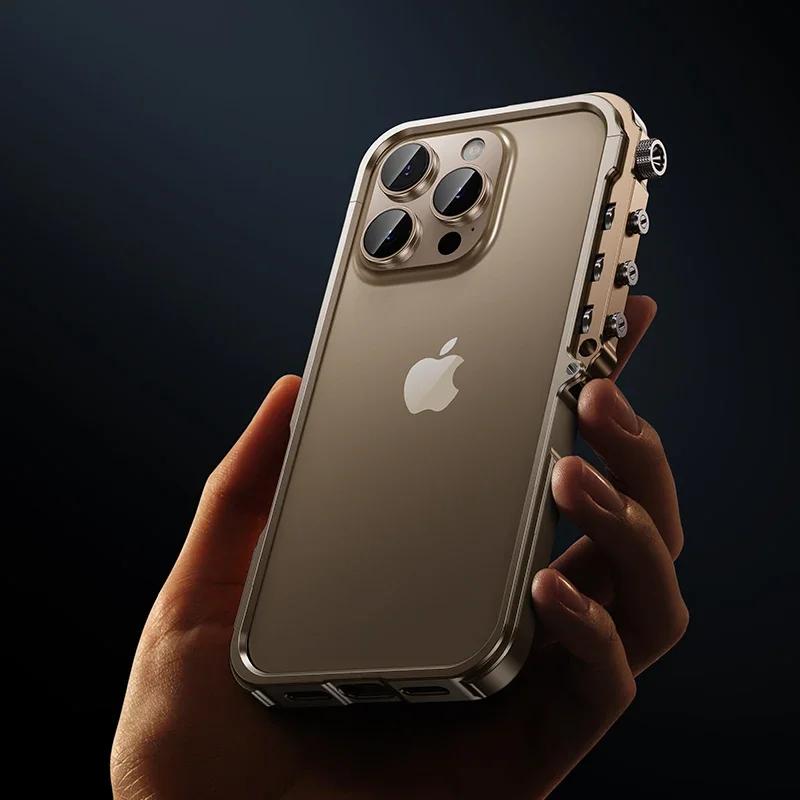 Luxury Mechanical Metal Bumper Armor Phone Case For iPhone 16 15 Pro Max 16Pro 15Pro Aluminum Alloy Removable Shockproof Cover