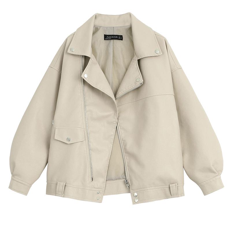 Женская мотоциклетная кожаная куртка в европейском и американском стиле с косой молнией и длинными рукавами