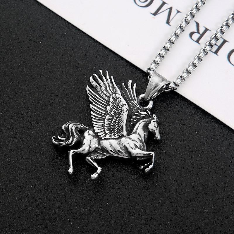 Retro Style Greek Titanium Steel Flying Horse Unicorn Necklace for Men and Women Pendant Necklace