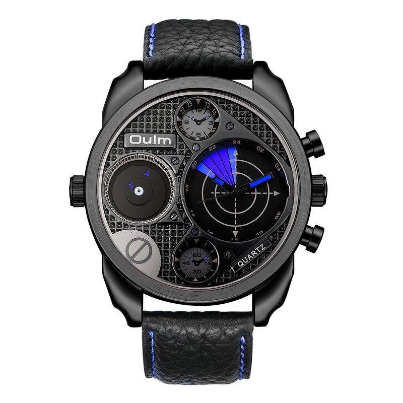 Oulm Мужские кварцевые часы с большим циферблатом, мужские часы из натуральной кожи с двумя часовыми поясами, новые