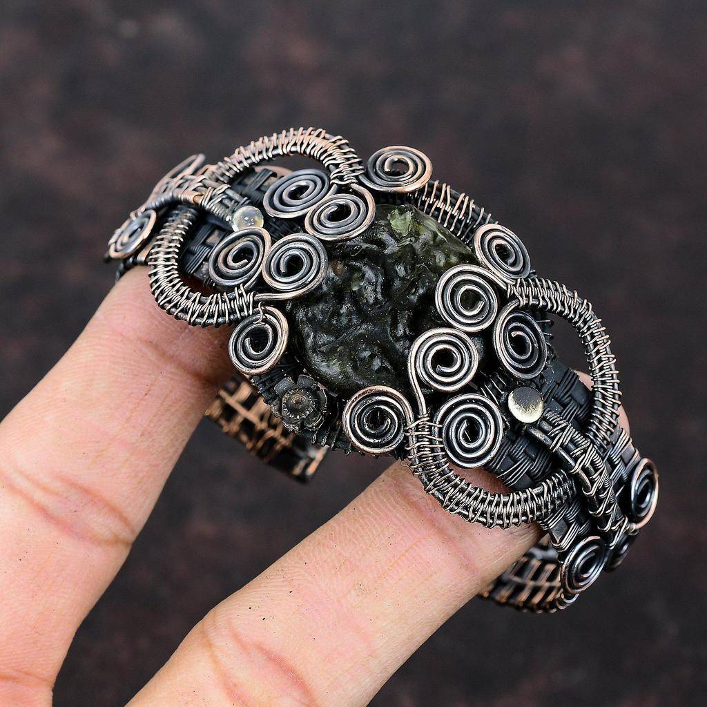 Браслет из молдавита, медная проволока, регулируемый браслет-манжета, ручная работа, ювелирные изделия из молдавита, настоящий драгоценный камень, браслет-манжета, медный браслет для подарка