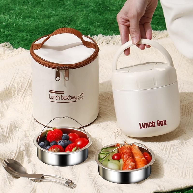 Stainless Steel Insulated Lunch Box Adults Students Portable Multi-Layer Food Container With Foldable Spoon