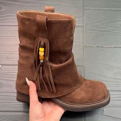 Ретро рукав и брючная труба короткие ботильоны женские новые осенние остроносые замшевые на толстом каблуке с бахромой тонкие ботильоны