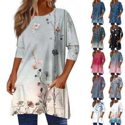 3/4 рукава кармана топы для женщин футболка повседневный принт средней длины топы футболка круглый вырез пуловер блузка