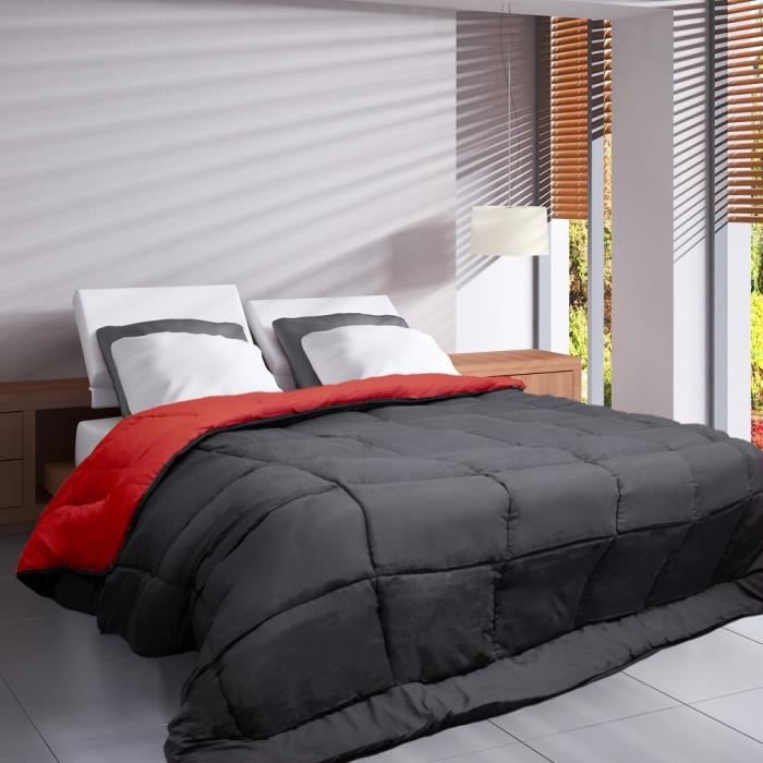 HUDSON - Couette Légere Microfibre - 200gr/m2 - Gris &amp; Rouge - 220 x 240 cm