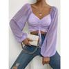 Sexy Mesh Lantern Sleeves Drawstring Wrap Chest Bare Midriff T Shirt Women Long Sleeves Bottoming