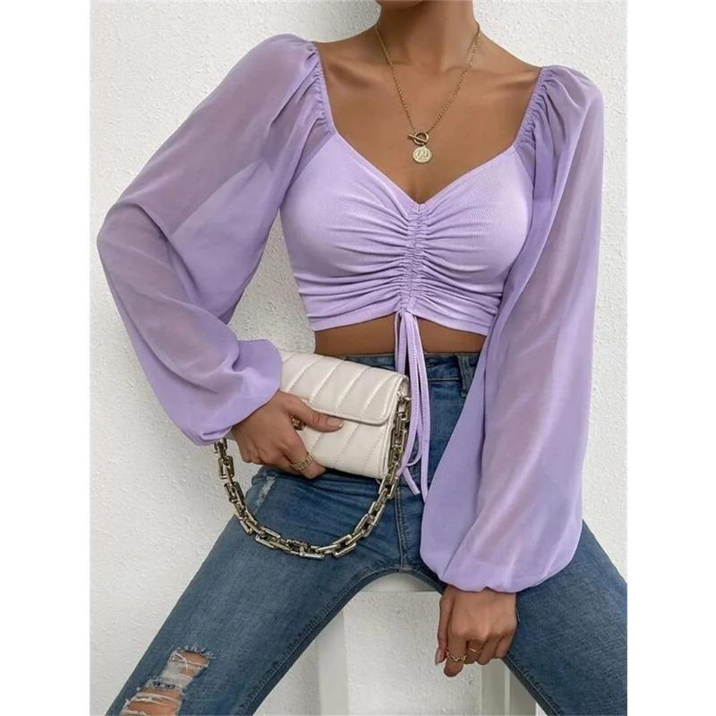 Sexy Mesh Lantern Sleeves Drawstring Wrap Chest Bare Midriff T Shirt Women Long Sleeves Bottoming