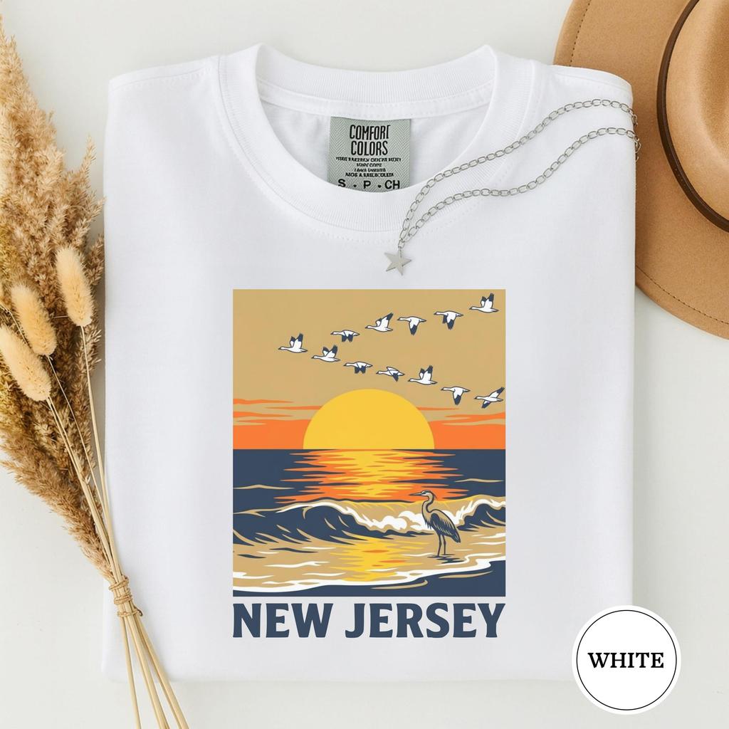 New Jersey Sunset Beach TShirt Vintage Coastal Graphic Tee with Seagulls  Waves  Ivory Casual Summer Top for Women Unisex Unisex