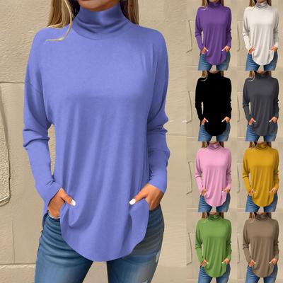 Футболки для женщин, осенние повседневные рубашки с длинными рукавами, толстовка, однотонный топ с высоким воротом, пуловер