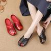 Summer Low-heel Flat-soled Casual Women's Shoes Ethnic Style Genuine Leather Printed Women's Slippers Middle-aged Breathable Hole Shoes