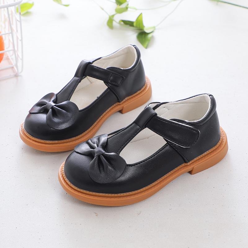 Children Leather Shoes for Girls Mediumn Big Kids School Shoes for Party Wedding Princess Sweet T-strap with Bow Comfortable New