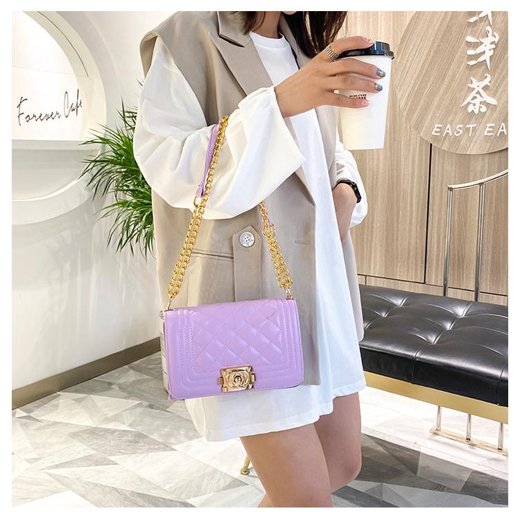 Women Solid Color Lock Buckle Lingge Square Crossbody Bag Leisure PU Chain Inclined Shoulder Bags Adjustable Band Strap