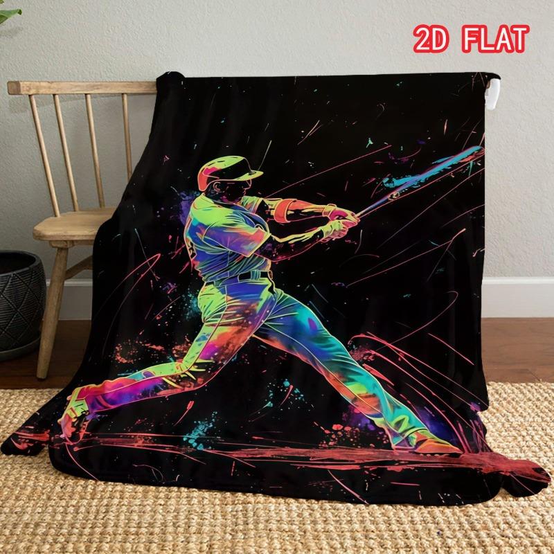 Neon Baseball Player Print Flannel Blanket, Colorful Sports Throw for Bed Sofa Couch, Soft Cozy Lightweight All Season Cover