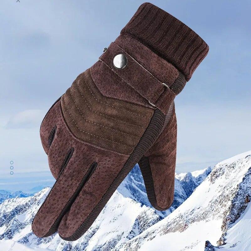 Gloves Men's Winter Cycling Motorcycle Windproof Cold Insulation Warm Leather Touch Screen Anti-Slip Thick Pile