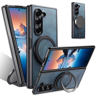 Кожаный чехол с магнитной беспроводной зарядкой для Samsung Z Fold 7/6/5 с вращающейся на 360° подставкой-кольцом