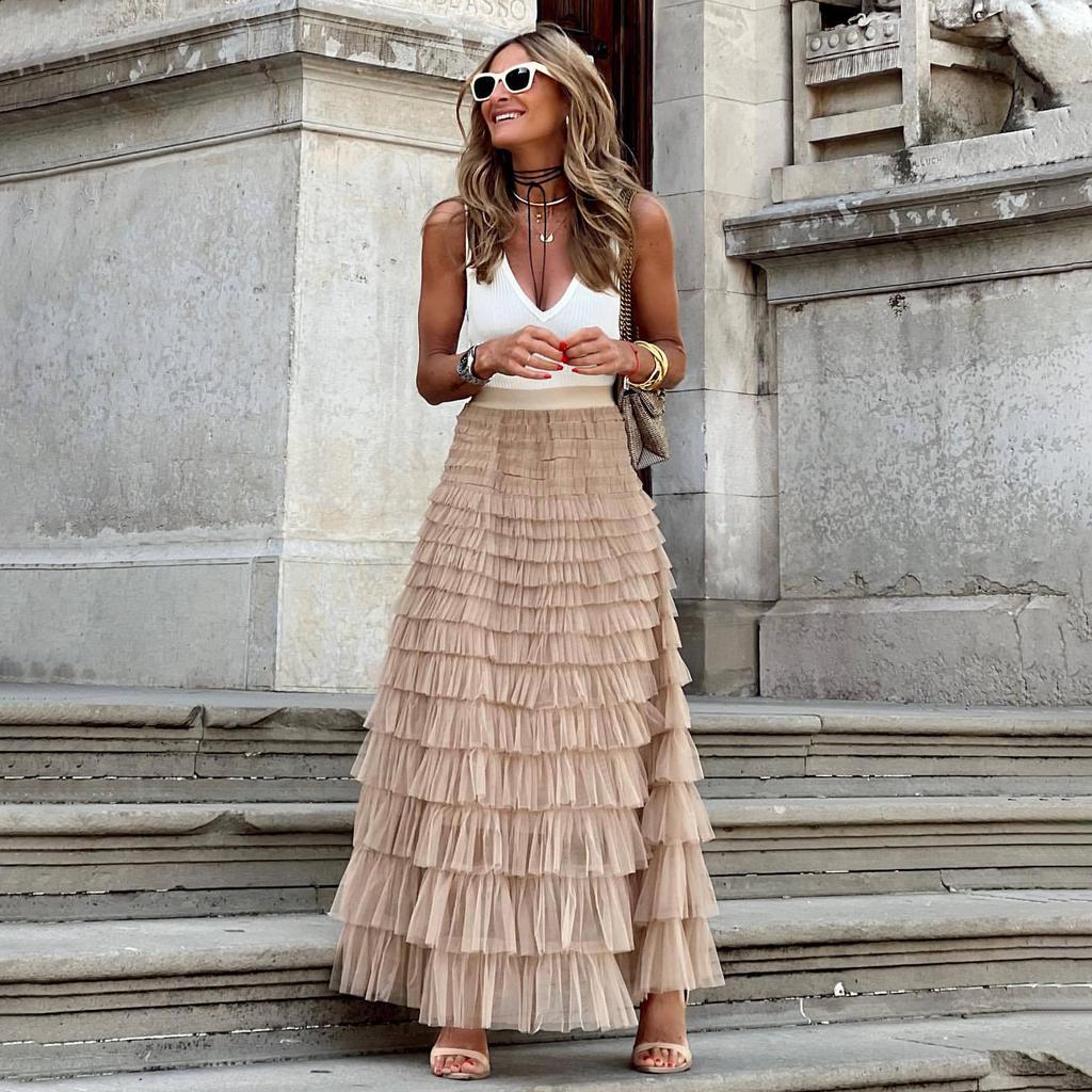 Cake Skirts Women Elegant Cascading Ruffles A Line Long Skirts Female Casual Elastic Waist Party Lace Skirt