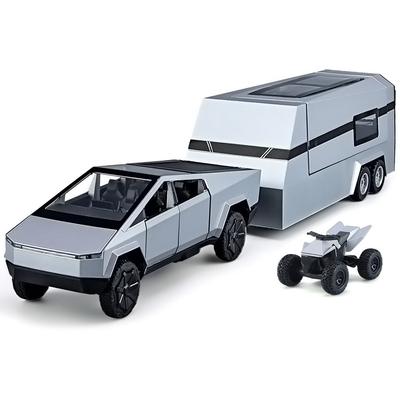 Масштаб 1/32 Пикап Tesla Cybertruck Прицеп для дома на колесах Металлический сплав Игрушки Модель автомобиля Литой Внедорожник Подарок для мальчиков Детей Коллекция