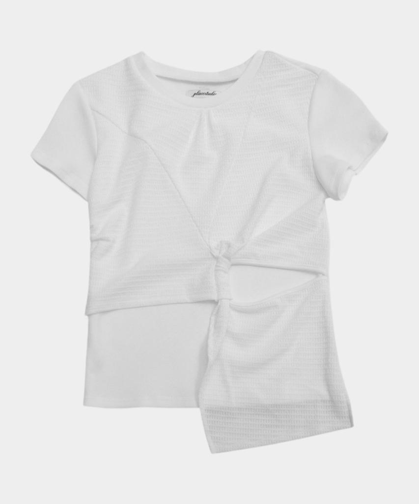 PLACE STUDIO Waffle Contrast Shirred Draping Twist Semi-Crop Women'S Short Sleeve T-Shirt [White]