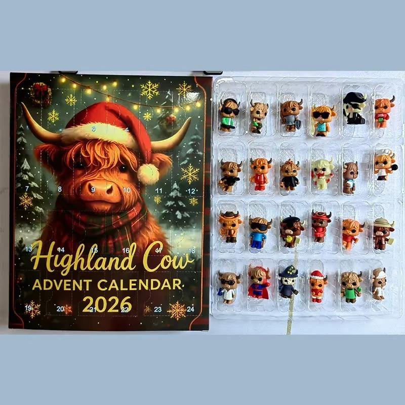 2026 Highland Cow Advent Calendar 24 Days 3D Christmas Countdown Calendar Reusable Cute Festival Ornaments Set Christmas Gift