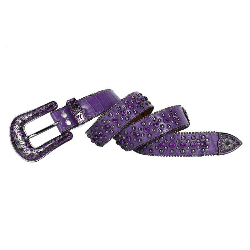 Western Luxury Purple Belt With Crystal Designer Belt Men Inlaid With Cross Accessories Zinc Alloy Flower Buckle Belt for Women