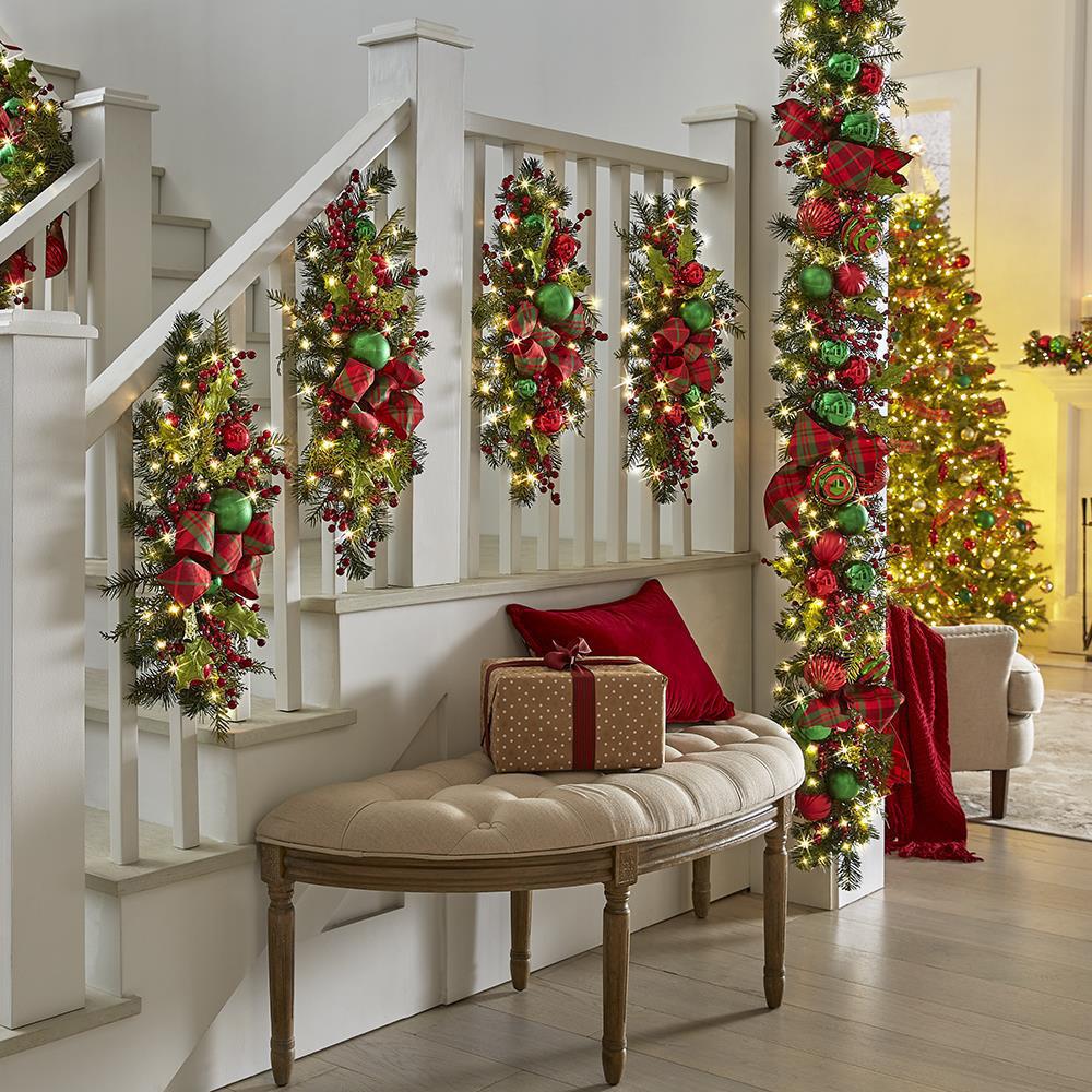 60x30cm Christmas Decor Stair Wreath with Light String Xmas Simulation Garland Gleamy Door Swag Garland for Christmas Party 2026