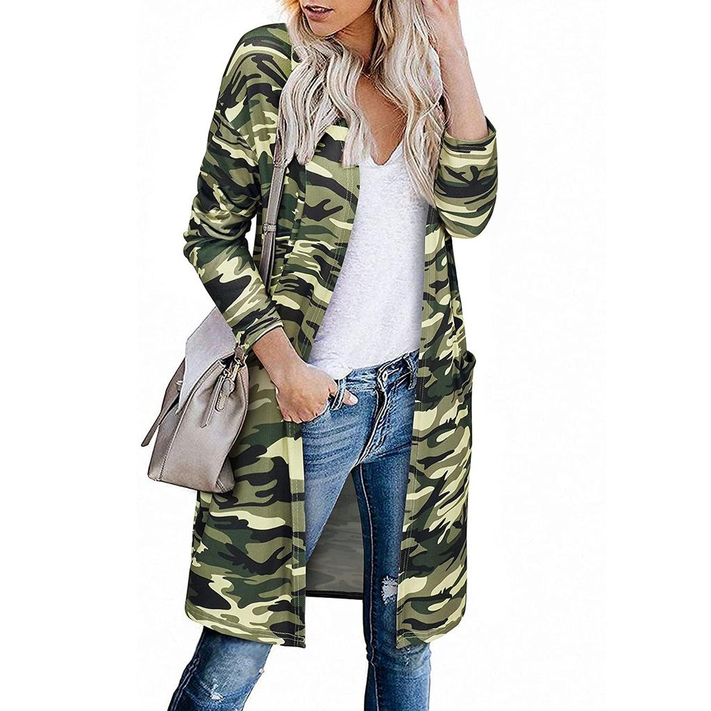 Women's Fashion Casual Printed Pocket Cardigan Medium And Long Coat