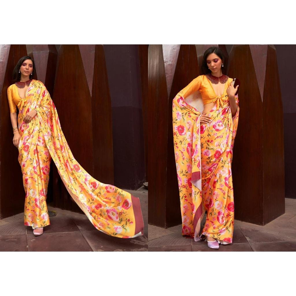 Шелковое сари с цифровой печатью, блузка (Необходимо сшить по размеру и посадке) (5 ЦВЕТ)