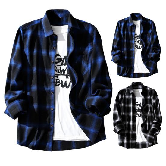 Мужская весенняя рубашка с клетчатым принтом и длинными рукавами контрастных цветов, отложной воротник с лацканами, теплое однобортное осеннее пальто на пуговицах подходящего цвета