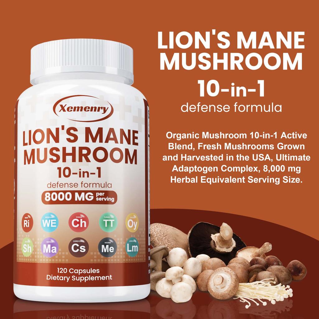 Lion's Mane Mushroom Capsules - Brain Memory Focus Immune Support Supplement