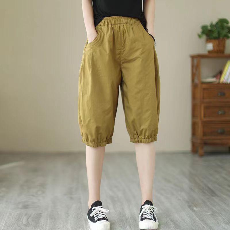 High Waist Elastic Waist Thin Cotton Harlan Pants Wide Leg Short Shorts Women Loose Plus Size Casual Pants
