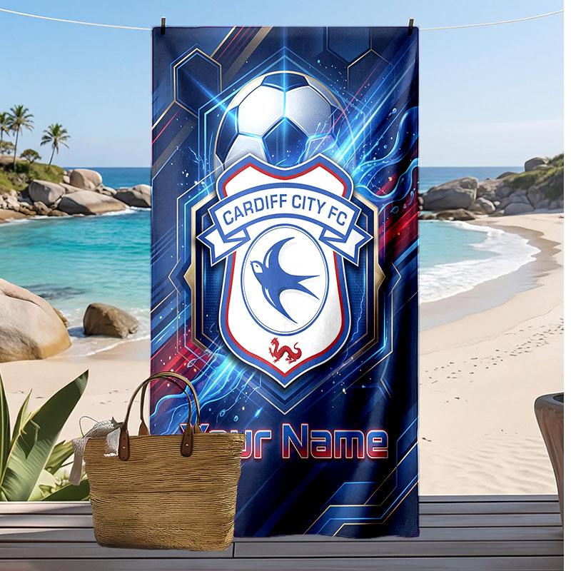 Cardiff City Personalized Printed Beach Towel Soccer Logo Support Custom Name Text Absorbent Towel For Sport Travel Special Gift