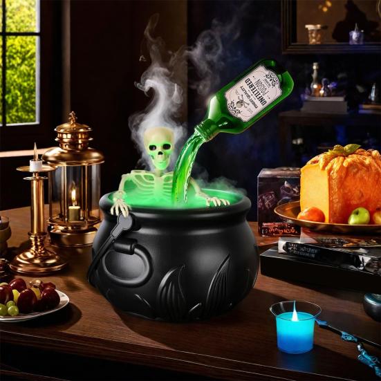 Halloween Decorations Indoor Thick Fog Cauldron with Floating Potion Bottles Skeleton Props Stickers And Umbrella Bezel Spooky Table Party Decoration
