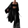 Women Solid Color Long Sleeve Cardigan Tube Top Wide Leg Pants Three Pieces Set
