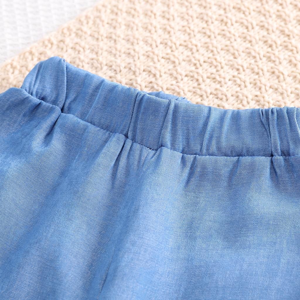 Новый летний детский модный комплект из двух предметов для девочек: топ + брюки широкого покроя, синий костюм, школьная форма