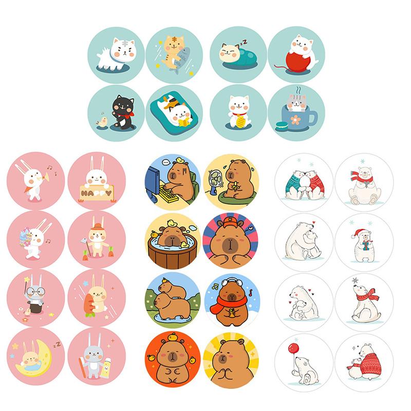 500Pcs/Roll Cartoon Animal Sticker Capibara Kapibala Rabbit Cat Bear Hand Account Decals Gift Bag Sealing Sticker Baking Label