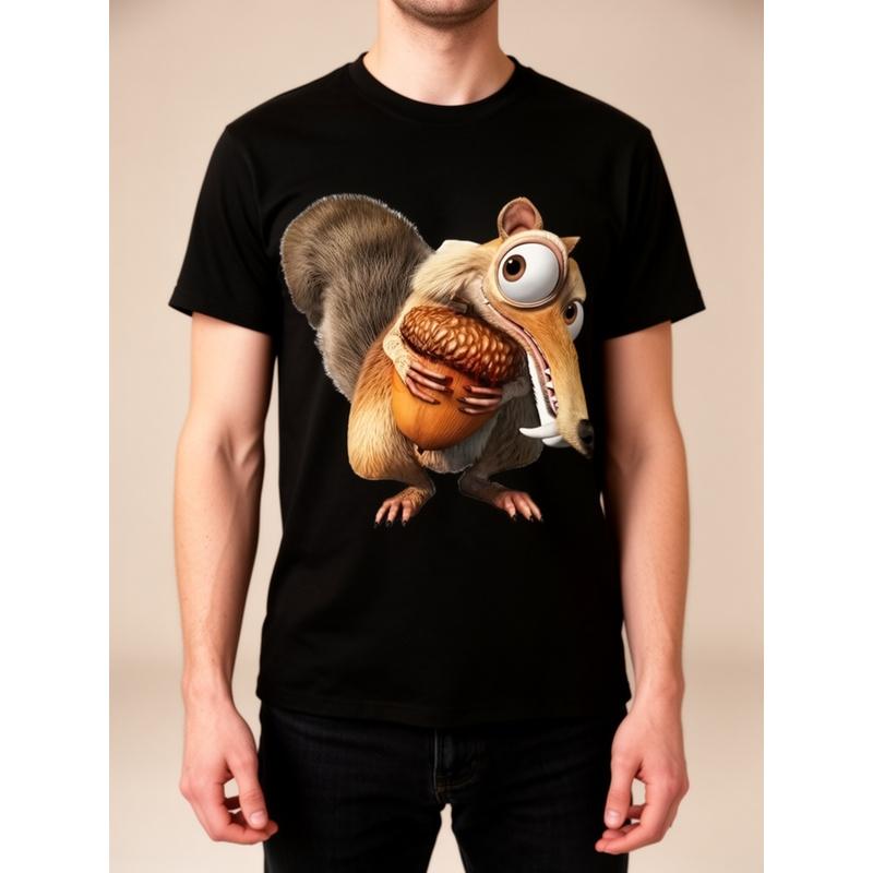 Age Scrat Squirrel Graphic T-Shirt- Fun Cartoon Design with Words I'not a Dinosaur Printed on It. Black Casual Crew Neck T-shirt, Suitable All