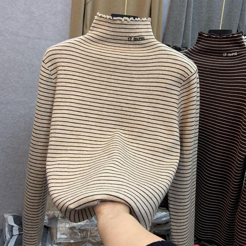 Women's Velvet Half-turtleneck, Striped Long-sleeved Undershirt, Autumn and Winter, Fungus Edge, Wear Outside