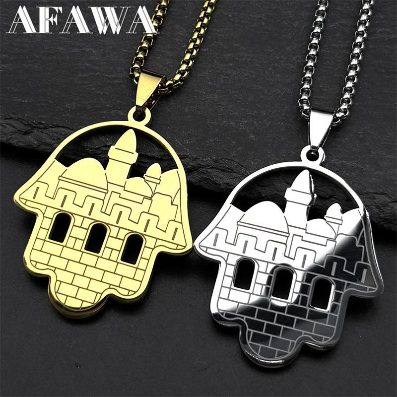 Judaism Jerusalem Je Hamsa Hand Stainless Steel Necklaces for Women Men Gold Color Temple of God Fatima Jewelry
