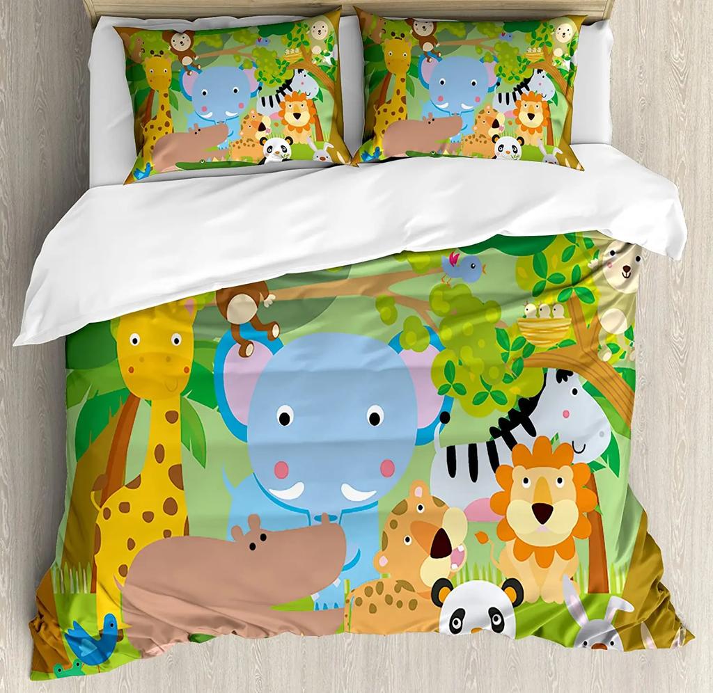 Детский Постельный Комплект Для Спальни Кровать Дом Мультяшный Сафари Африканские Животные Плавающие На Пододеяльнике Покрывало И Наволочка