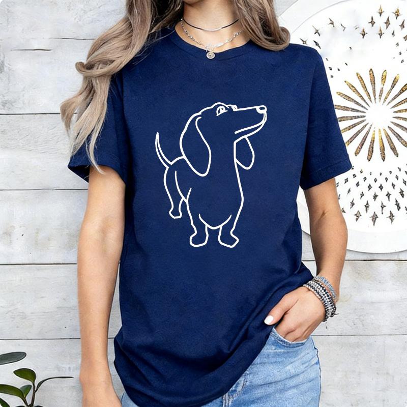 Simplified Line Sausage Dog Print Tshirt Loose Versatile Round Neck Short Sleeve Top Tshirt