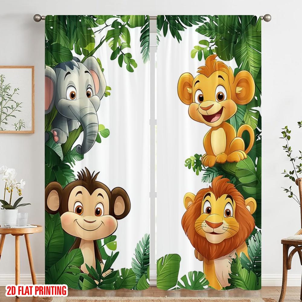 2pcs 2D flat printing Window Curtains Cartoon jungle animals Polyester Without Electricity Party Decorations for Photo Booths &