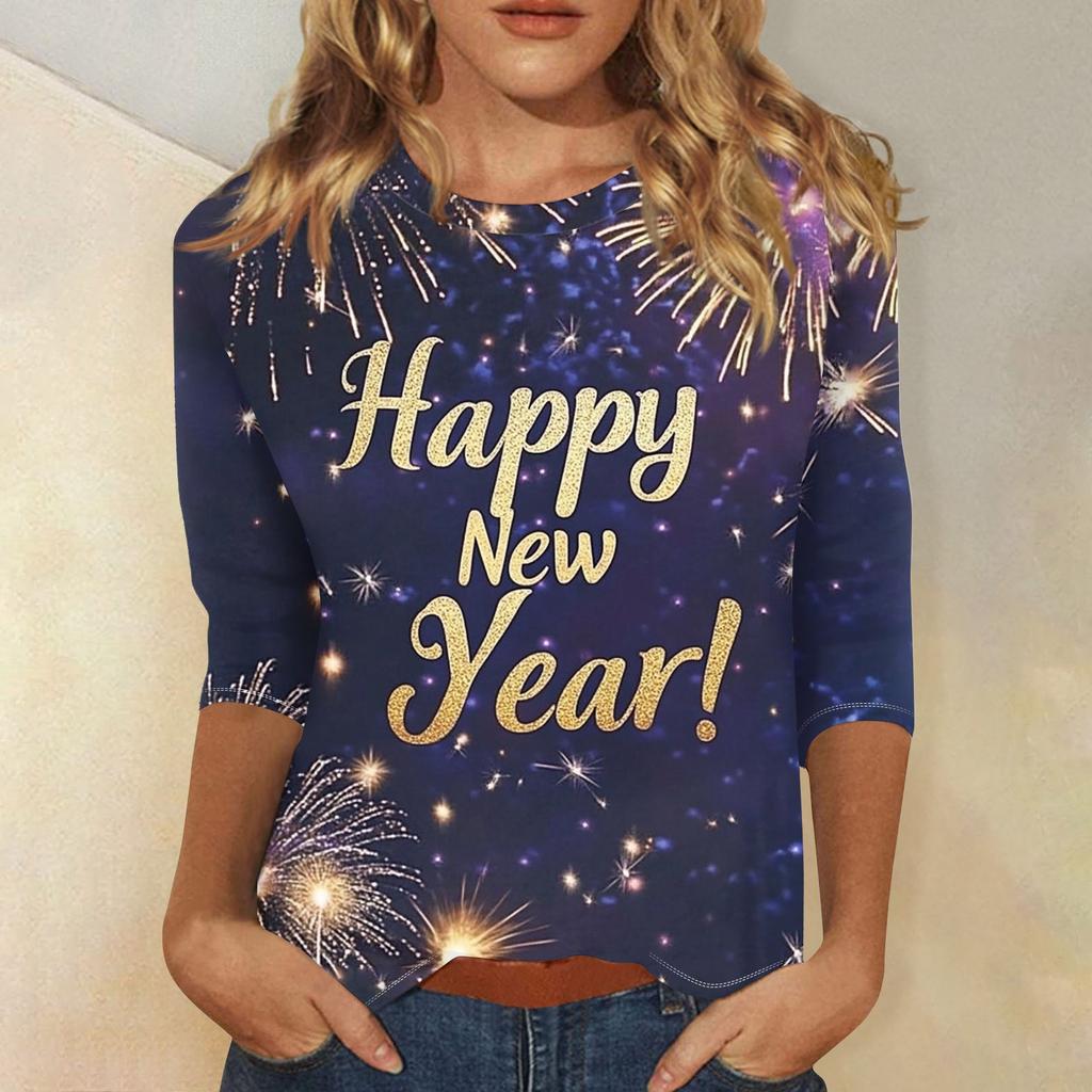 Женская мода повседневная новогодняя принтованная круглая горловина с рукавом три четверти топ Новый год 2025