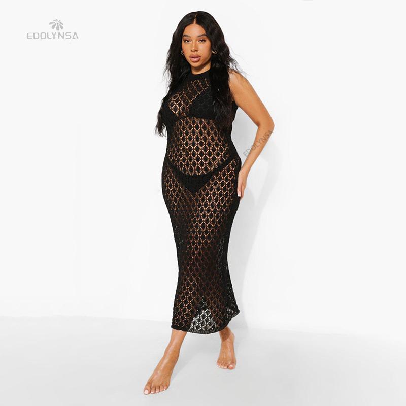 2022 Sexy See Through Sleeveless Bikini Cover-ups Pink Hollow Out Mesh Dress Women Summer Beach Wear Swim Suit Cover Up
