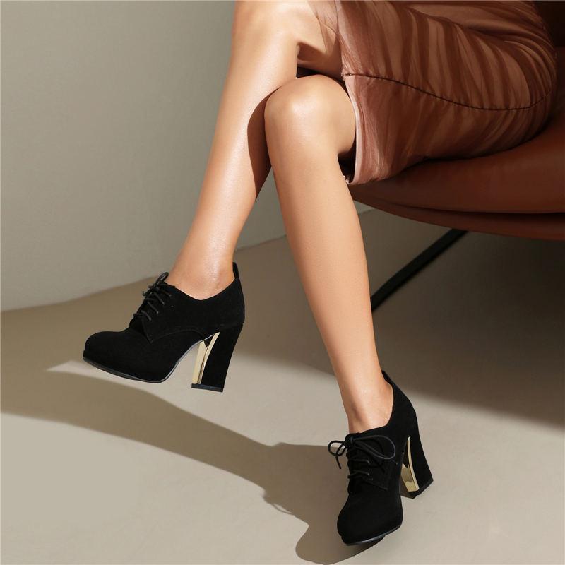 Женские туфли на высоком каблуке, одиночные туфли, весенне-осенняя водонепроницаемая платформа, толстый каблук, шнуровка, большой размер, всесезонная обувь.