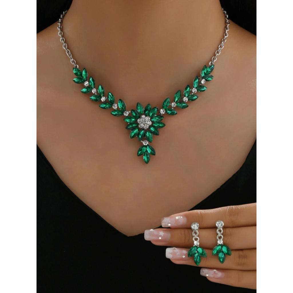 3 Trendy Women's Crystal Flower Multicolored Necklaces and Earrings Set, Banquet and Party Accessories
