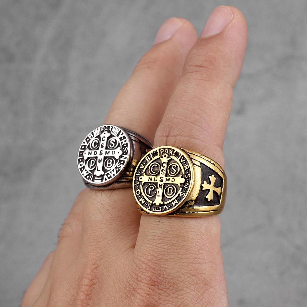 Saint Benedict Cspb Золото Черный Крест Мужские Кольца Панк Хип-Хоп для Парня Мужской Ювелирные Изделия Из Нержавеющей Стали Креативный Подарок Оптовая Продажа